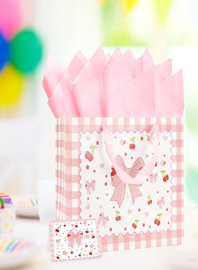 MUNILAIL 13 Inches Pink Bow Gift Bag Bow Cherry Gift Bag with Handle Tissue Paper and Greeting Card for Girls Birthday Party Baby Shower Large Paper Gift Bag - Image 4
